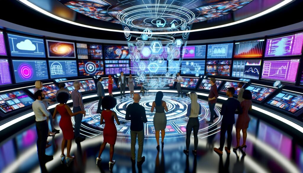 Medienprofis in einem futuristischen Kontrollraum diskutieren an digitalen Oberflächen und holographischen Displays innovative Medienpolitik.