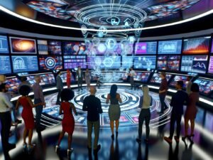 Medienprofis in einem futuristischen Kontrollraum diskutieren an digitalen Oberflächen und holographischen Displays innovative Medienpolitik.