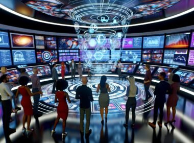 Medienprofis in einem futuristischen Kontrollraum diskutieren an digitalen Oberflächen und holographischen Displays innovative Medienpolitik.
