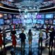 Medienprofis in einem futuristischen Kontrollraum diskutieren an digitalen Oberflächen und holographischen Displays innovative Medienpolitik.