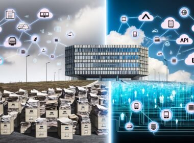 Symbolisches Bild eines modernen Regierungsgebäudes mit gläsernem und stählernen Design, das sich aus einer Landschaft von Akten und Faxgeräten erhebt. Links alte Technik und Papierberge, rechts digitale Netzwerke, Cloud-Symbole und digitale Bürgerdienste.