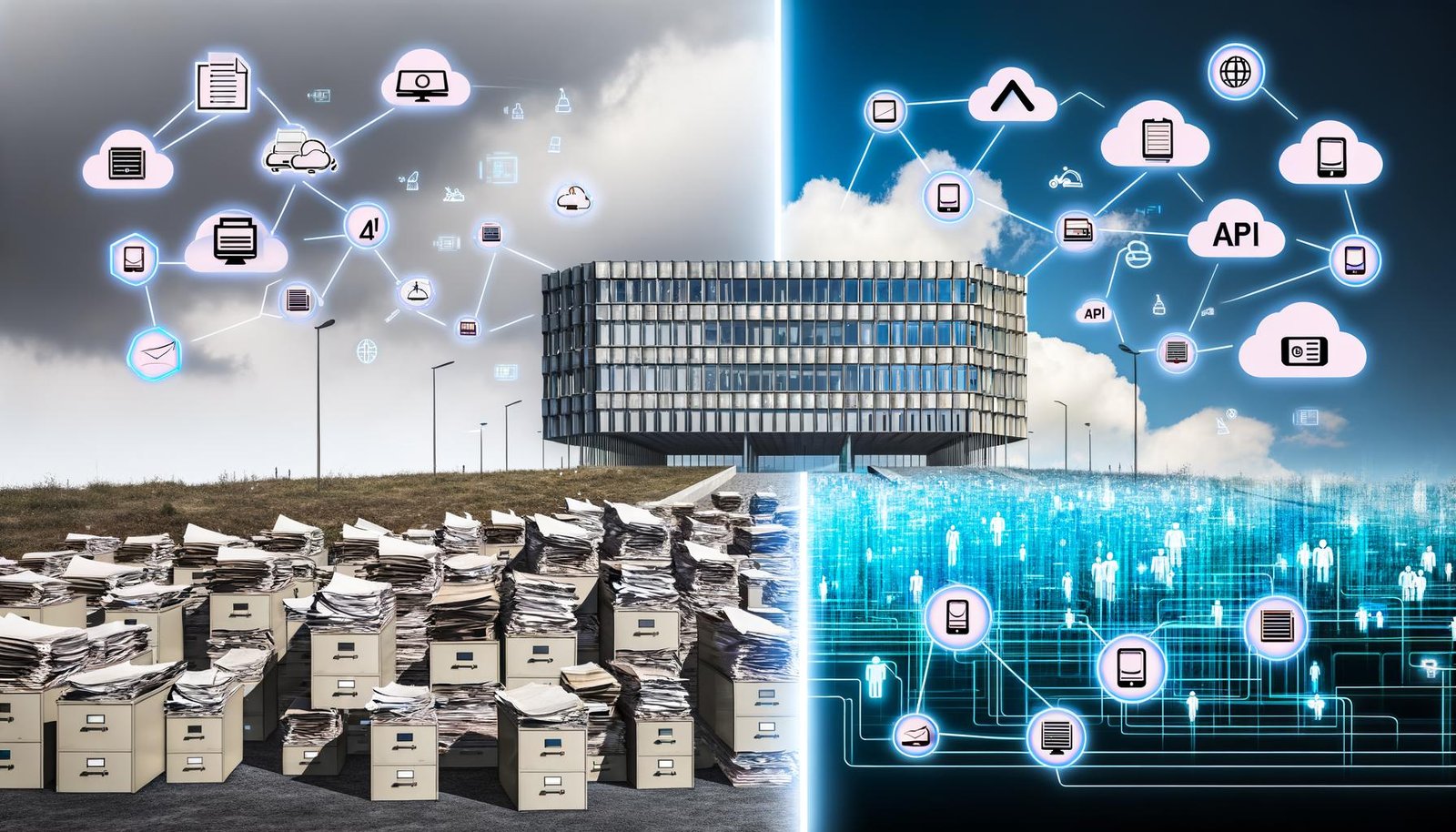 Symbolisches Bild eines modernen Regierungsgebäudes mit gläsernem und stählernen Design, das sich aus einer Landschaft von Akten und Faxgeräten erhebt. Links alte Technik und Papierberge, rechts digitale Netzwerke, Cloud-Symbole und digitale Bürgerdienste.