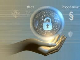 Stilisierte Hand hält eine virtuelle Kugel mit Netzwerk aus Datenpunkten und Schaltkreisen, reflektierende Worte Ethik und Verantwortung, Datenschutzsymbole im Hintergrund.