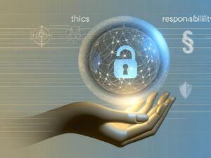 Stilisierte Hand hält eine virtuelle Kugel mit Netzwerk aus Datenpunkten und Schaltkreisen, reflektierende Worte Ethik und Verantwortung, Datenschutzsymbole im Hintergrund.