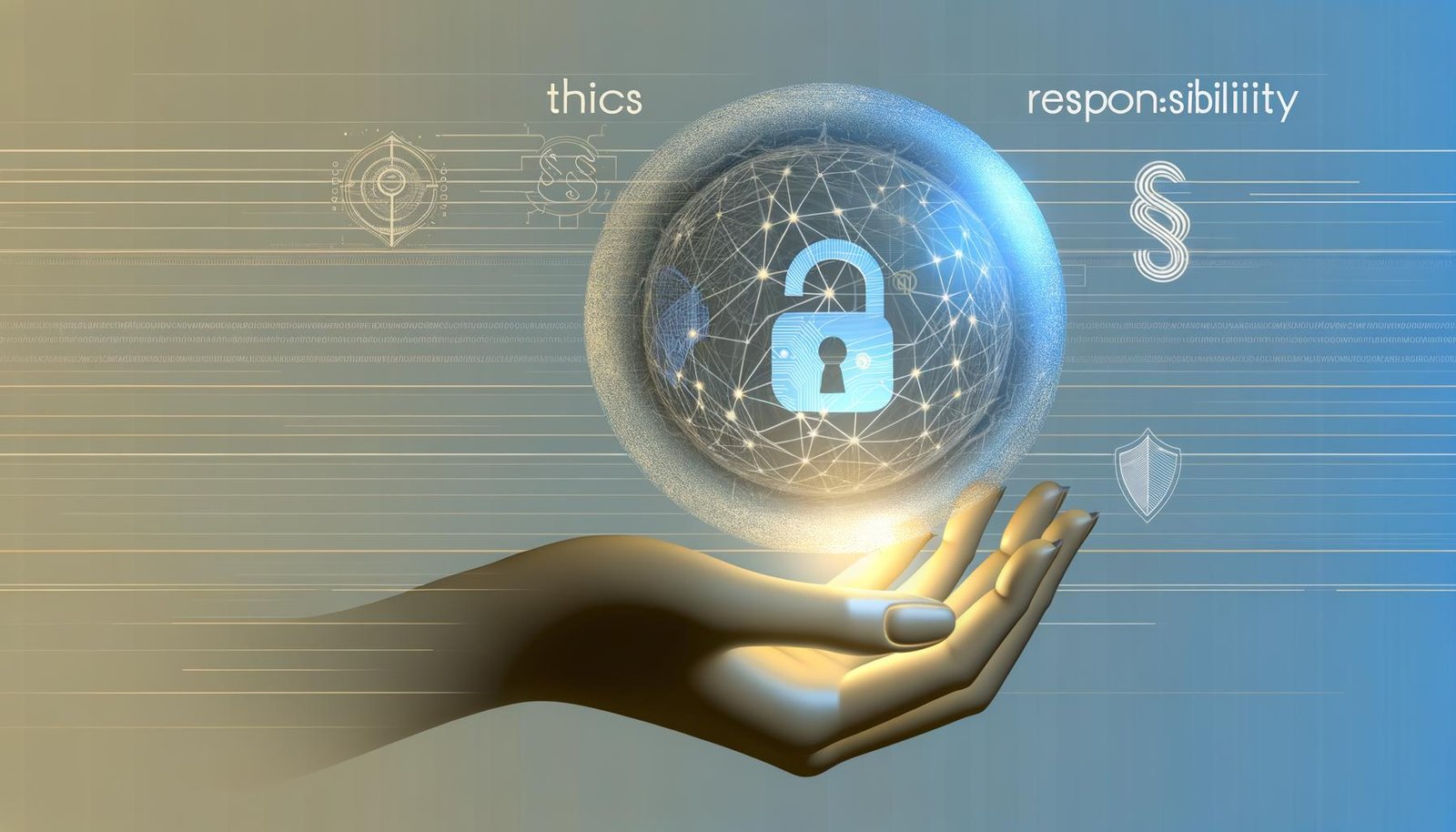 Stilisierte Hand hält eine virtuelle Kugel mit Netzwerk aus Datenpunkten und Schaltkreisen, reflektierende Worte Ethik und Verantwortung, Datenschutzsymbole im Hintergrund.