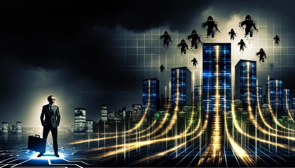 Düstere Nacht-Illustration einer modernen Skyline mit goldenen Datenströmen, einer entschlossenen Managerin in Schutzrüstung und schattenhaften Hackerfiguren im Hintergrund.
