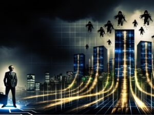 Düstere Nacht-Illustration einer modernen Skyline mit goldenen Datenströmen, einer entschlossenen Managerin in Schutzrüstung und schattenhaften Hackerfiguren im Hintergrund.