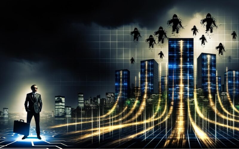 Düstere Nacht-Illustration einer modernen Skyline mit goldenen Datenströmen, einer entschlossenen Managerin in Schutzrüstung und schattenhaften Hackerfiguren im Hintergrund.