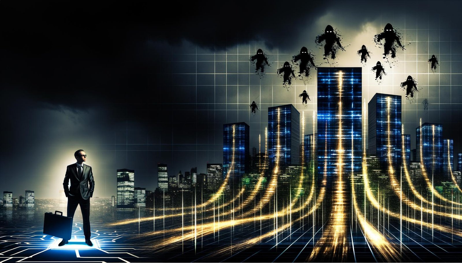 Düstere Nacht-Illustration einer modernen Skyline mit goldenen Datenströmen, einer entschlossenen Managerin in Schutzrüstung und schattenhaften Hackerfiguren im Hintergrund.