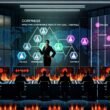 Illustration eines modernen Kontrollraums: Ein Business-Leader steuert Risikomanagement an digitalen Monitoren, umgeben von Teammitgliedern für IT-Sicherheit, Compliance und Datenmanagement, mit sichtbaren Bedrohungen und Regulierungsbehörden im Hintergrund.
