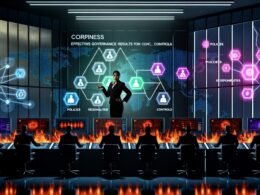 Illustration eines modernen Kontrollraums: Ein Business-Leader steuert Risikomanagement an digitalen Monitoren, umgeben von Teammitgliedern für IT-Sicherheit, Compliance und Datenmanagement, mit sichtbaren Bedrohungen und Regulierungsbehörden im Hintergrund.