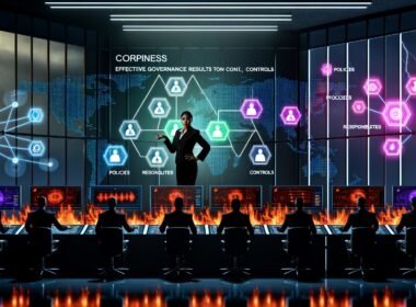 Illustration eines modernen Kontrollraums: Ein Business-Leader steuert Risikomanagement an digitalen Monitoren, umgeben von Teammitgliedern für IT-Sicherheit, Compliance und Datenmanagement, mit sichtbaren Bedrohungen und Regulierungsbehörden im Hintergrund.