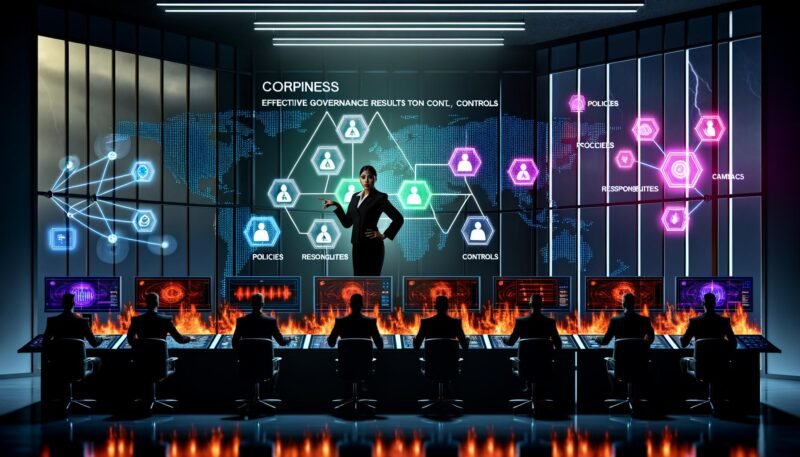 Illustration eines modernen Kontrollraums: Ein Business-Leader steuert Risikomanagement an digitalen Monitoren, umgeben von Teammitgliedern für IT-Sicherheit, Compliance und Datenmanagement, mit sichtbaren Bedrohungen und Regulierungsbehörden im Hintergrund.