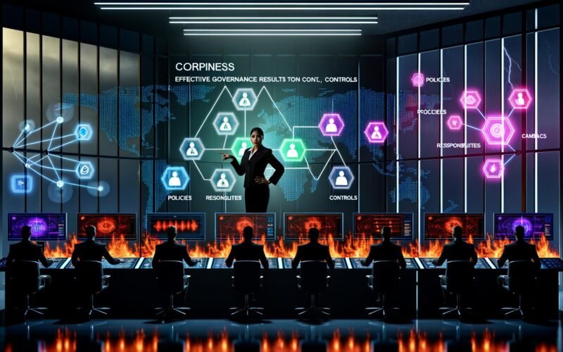 Illustration eines modernen Kontrollraums: Ein Business-Leader steuert Risikomanagement an digitalen Monitoren, umgeben von Teammitgliedern für IT-Sicherheit, Compliance und Datenmanagement, mit sichtbaren Bedrohungen und Regulierungsbehörden im Hintergrund.