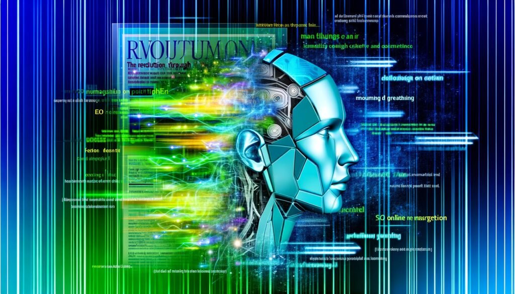 Illustration eines menschlichen Kopfes, der mit abstrakten, leuchtenden Datenströmen und digitalen Textfragmenten verschmilzt. Im Hintergrund stilisierte Bildschirme mit Code, Content-Elementen und markierten SEO-Keywords in Neongrün und Elektrischblau.