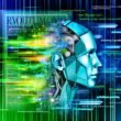 Illustration eines menschlichen Kopfes, der mit abstrakten, leuchtenden Datenströmen und digitalen Textfragmenten verschmilzt. Im Hintergrund stilisierte Bildschirme mit Code, Content-Elementen und markierten SEO-Keywords in Neongrün und Elektrischblau.