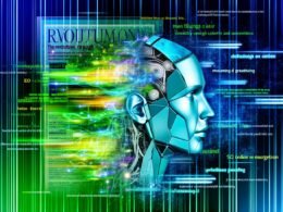 Illustration eines menschlichen Kopfes, der mit abstrakten, leuchtenden Datenströmen und digitalen Textfragmenten verschmilzt. Im Hintergrund stilisierte Bildschirme mit Code, Content-Elementen und markierten SEO-Keywords in Neongrün und Elektrischblau.