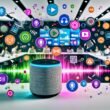 Moderner Arbeitsplatz mit verschiedenen Smart Speakern, bunten Soundwellen und jungen Marketers an Laptops, die an Audio-Analytics und Voice Search-Technologien arbeiten.