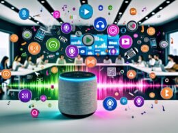 Moderner Arbeitsplatz mit verschiedenen Smart Speakern, bunten Soundwellen und jungen Marketers an Laptops, die an Audio-Analytics und Voice Search-Technologien arbeiten.