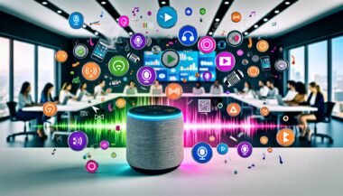 Moderner Arbeitsplatz mit verschiedenen Smart Speakern, bunten Soundwellen und jungen Marketers an Laptops, die an Audio-Analytics und Voice Search-Technologien arbeiten.