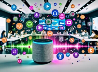 Moderner Arbeitsplatz mit verschiedenen Smart Speakern, bunten Soundwellen und jungen Marketers an Laptops, die an Audio-Analytics und Voice Search-Technologien arbeiten.