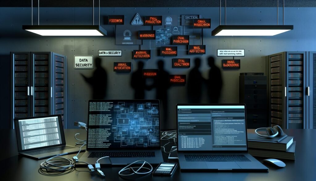 Düsteres Büro mit mehreren Laptops, dargestellten Cyberangriffen, Sicherheits-Checkliste, Smartphone mit Authentifizierungs-App, Backup-Laufwerk und Hinweisen auf aktuelle Datensicherheitsbedrohungen.