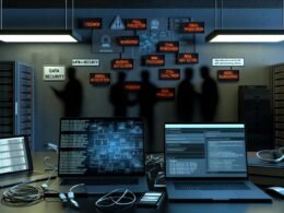 Düsteres Büro mit mehreren Laptops, dargestellten Cyberangriffen, Sicherheits-Checkliste, Smartphone mit Authentifizierungs-App, Backup-Laufwerk und Hinweisen auf aktuelle Datensicherheitsbedrohungen.