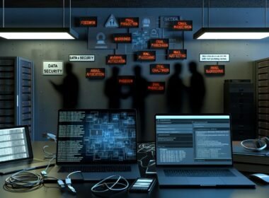 Düsteres Büro mit mehreren Laptops, dargestellten Cyberangriffen, Sicherheits-Checkliste, Smartphone mit Authentifizierungs-App, Backup-Laufwerk und Hinweisen auf aktuelle Datensicherheitsbedrohungen.