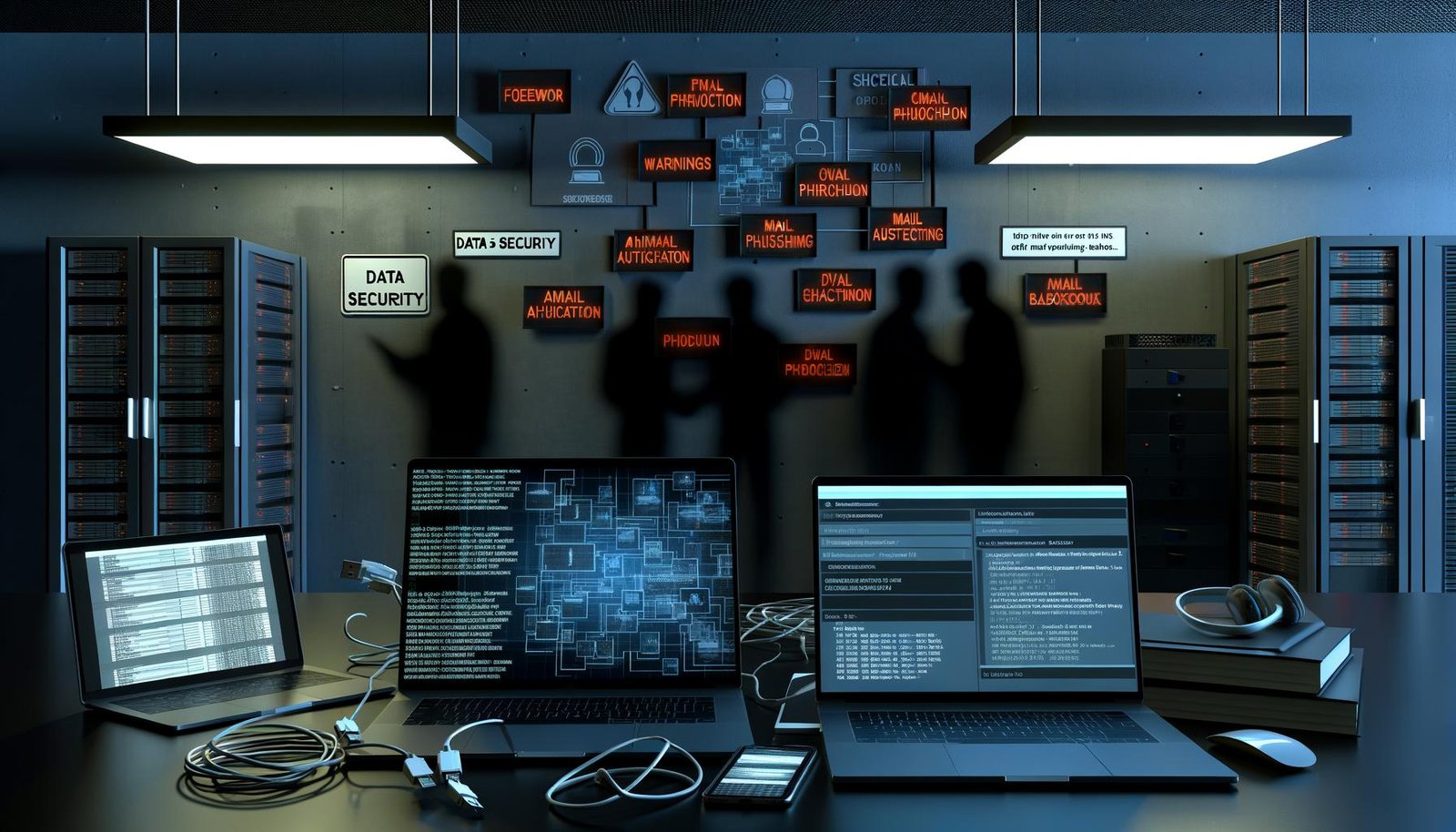 Düsteres Büro mit mehreren Laptops, dargestellten Cyberangriffen, Sicherheits-Checkliste, Smartphone mit Authentifizierungs-App, Backup-Laufwerk und Hinweisen auf aktuelle Datensicherheitsbedrohungen.