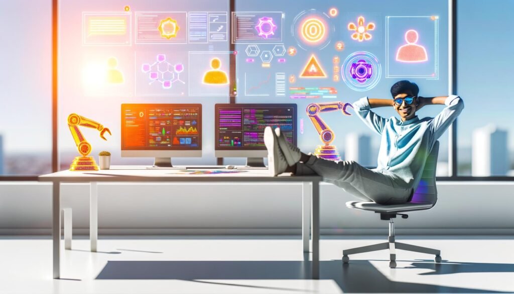 Person sitzt entspannt an einem Schreibtisch mit mehreren Monitoren, die komplexe Dashboards und Workflows mit Icons von Zapier, Make, Contentful und Serverless Functions zeigen. Im Hintergrund automatisierte Roboterarme und Datenströme.