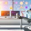 Person sitzt entspannt an einem Schreibtisch mit mehreren Monitoren, die komplexe Dashboards und Workflows mit Icons von Zapier, Make, Contentful und Serverless Functions zeigen. Im Hintergrund automatisierte Roboterarme und Datenströme.