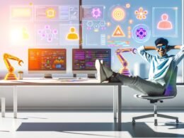 Person sitzt entspannt an einem Schreibtisch mit mehreren Monitoren, die komplexe Dashboards und Workflows mit Icons von Zapier, Make, Contentful und Serverless Functions zeigen. Im Hintergrund automatisierte Roboterarme und Datenströme.