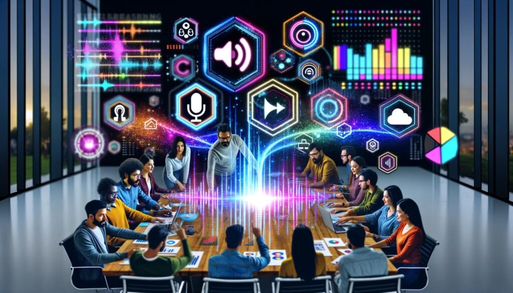 Marketer arbeiten gemeinsam in einem digitalen Hightech-Arbeitsraum mit schwebenden Soundwellen, Datenanzeigen und KI-Oberflächen rund um ein leuchtendes, interaktives Soundboard.