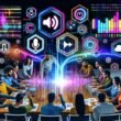Marketer arbeiten gemeinsam in einem digitalen Hightech-Arbeitsraum mit schwebenden Soundwellen, Datenanzeigen und KI-Oberflächen rund um ein leuchtendes, interaktives Soundboard.