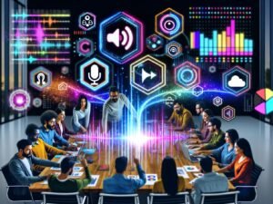 Marketer arbeiten gemeinsam in einem digitalen Hightech-Arbeitsraum mit schwebenden Soundwellen, Datenanzeigen und KI-Oberflächen rund um ein leuchtendes, interaktives Soundboard.