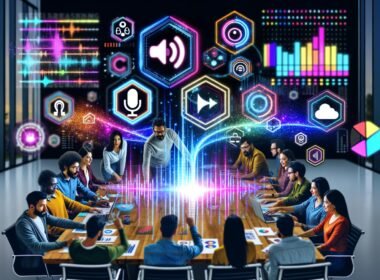 Marketer arbeiten gemeinsam in einem digitalen Hightech-Arbeitsraum mit schwebenden Soundwellen, Datenanzeigen und KI-Oberflächen rund um ein leuchtendes, interaktives Soundboard.