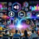 Marketer arbeiten gemeinsam in einem digitalen Hightech-Arbeitsraum mit schwebenden Soundwellen, Datenanzeigen und KI-Oberflächen rund um ein leuchtendes, interaktives Soundboard.