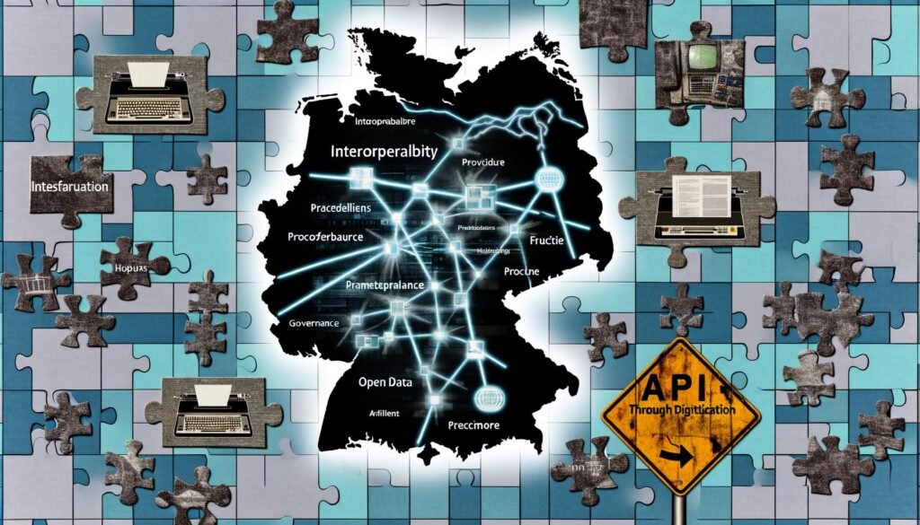 Collage zur digitalen Transformation Deutschlands mit zerfledderter Deutschlandkarte, Kabeln, Faxgeräten, alten IT-Geräten und einem leuchtenden Roadmap-Schild für Interoperabilität, API-Governance und Open Data.
