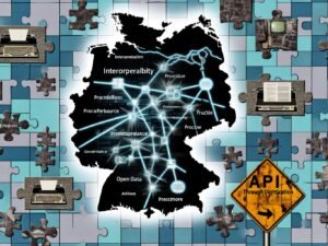 Collage zur digitalen Transformation Deutschlands mit zerfledderter Deutschlandkarte, Kabeln, Faxgeräten, alten IT-Geräten und einem leuchtenden Roadmap-Schild für Interoperabilität, API-Governance und Open Data.