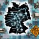 Collage zur digitalen Transformation Deutschlands mit zerfledderter Deutschlandkarte, Kabeln, Faxgeräten, alten IT-Geräten und einem leuchtenden Roadmap-Schild für Interoperabilität, API-Governance und Open Data.