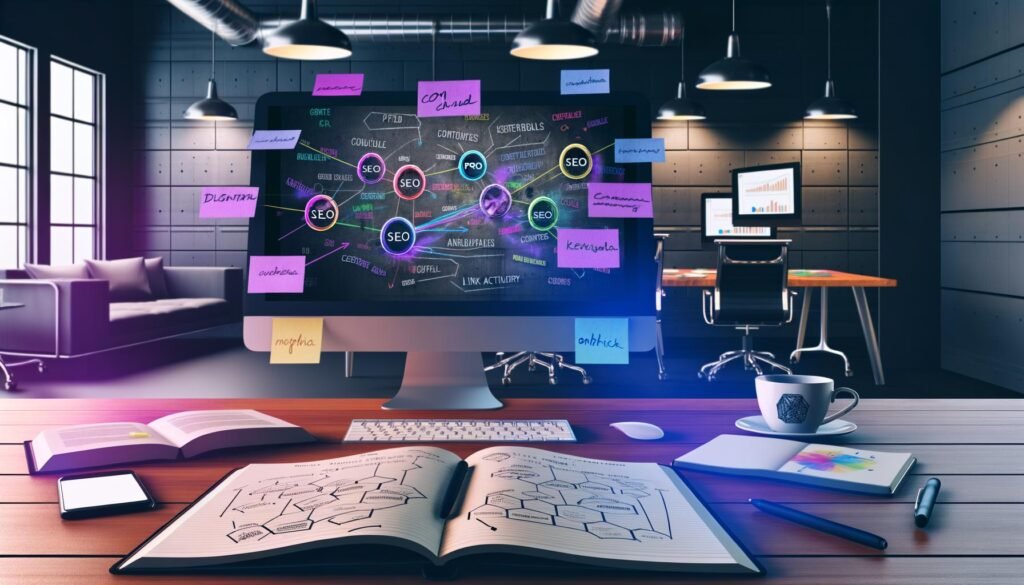 Moderner Schreibtisch im Loft-Office mit Monitor voller Keyword-Cluster, Redaktionskalender und bunten digitalen Post-its, Notizbuch mit Content-Hub-Skizzen, SEO-Büchern, Smartphone mit Analytics und 404 Magazine-Kaffeetasse.