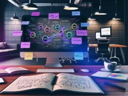 Moderner Schreibtisch im Loft-Office mit Monitor voller Keyword-Cluster, Redaktionskalender und bunten digitalen Post-its, Notizbuch mit Content-Hub-Skizzen, SEO-Büchern, Smartphone mit Analytics und 404 Magazine-Kaffeetasse.