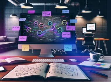 Moderner Schreibtisch im Loft-Office mit Monitor voller Keyword-Cluster, Redaktionskalender und bunten digitalen Post-its, Notizbuch mit Content-Hub-Skizzen, SEO-Büchern, Smartphone mit Analytics und 404 Magazine-Kaffeetasse.