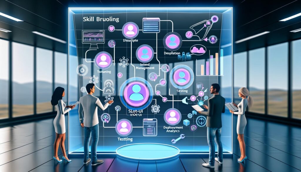 Techniklastige Illustration eines modernen Marketing-Teams, das gemeinsam an einem transparenten Touchscreen-Workflow für Conversational AI und Voice Marketing arbeitet, umgeben von Dashboards und grafischen Elementen.