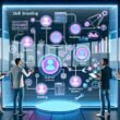 Techniklastige Illustration eines modernen Marketing-Teams, das gemeinsam an einem transparenten Touchscreen-Workflow für Conversational AI und Voice Marketing arbeitet, umgeben von Dashboards und grafischen Elementen.