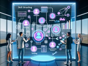 Techniklastige Illustration eines modernen Marketing-Teams, das gemeinsam an einem transparenten Touchscreen-Workflow für Conversational AI und Voice Marketing arbeitet, umgeben von Dashboards und grafischen Elementen.