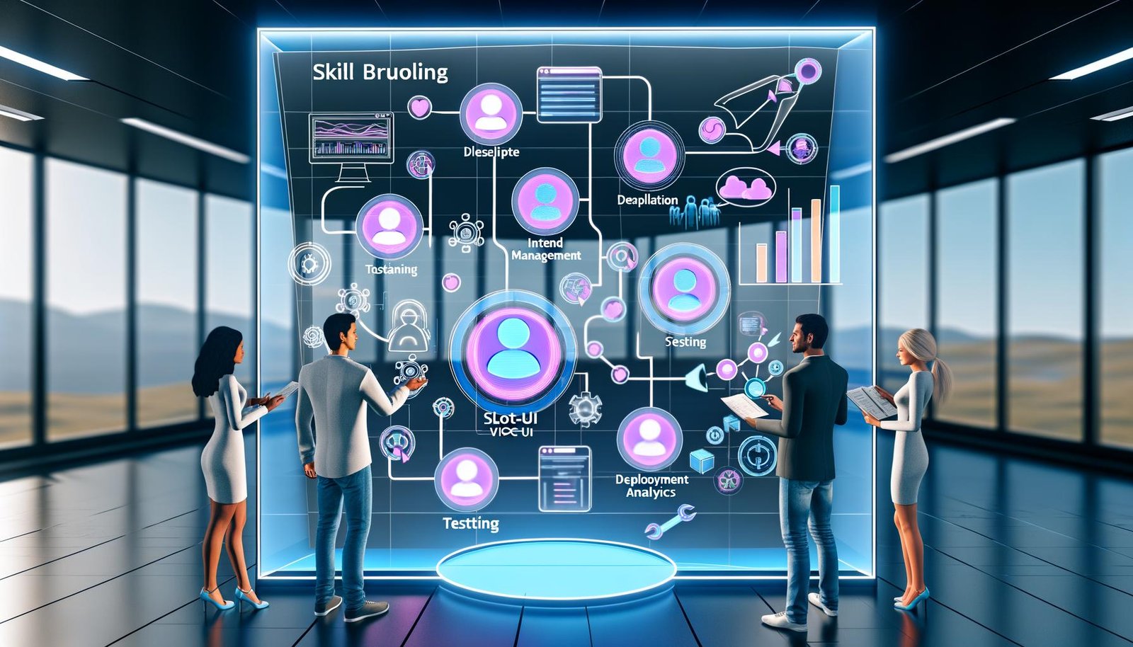 Techniklastige Illustration eines modernen Marketing-Teams, das gemeinsam an einem transparenten Touchscreen-Workflow für Conversational AI und Voice Marketing arbeitet, umgeben von Dashboards und grafischen Elementen.