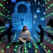 Kollage futuristischer Marketing-Security-Szenen: ein Marketer im Kabel-Dschungel, stilisierte Hacker, leuchtende Warnsymbole, Schutzwalls aus Sicherheitssymbolen, Cloud-Blasen mit Zertifikaten, dynamische Infografiken und ein siegreiches Team auf einer Datenfestung.