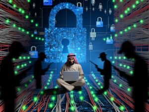 Kollage futuristischer Marketing-Security-Szenen: ein Marketer im Kabel-Dschungel, stilisierte Hacker, leuchtende Warnsymbole, Schutzwalls aus Sicherheitssymbolen, Cloud-Blasen mit Zertifikaten, dynamische Infografiken und ein siegreiches Team auf einer Datenfestung.