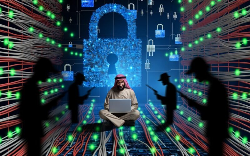 Kollage futuristischer Marketing-Security-Szenen: ein Marketer im Kabel-Dschungel, stilisierte Hacker, leuchtende Warnsymbole, Schutzwalls aus Sicherheitssymbolen, Cloud-Blasen mit Zertifikaten, dynamische Infografiken und ein siegreiches Team auf einer Datenfestung.
